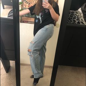 light wash button fly baggy ripped mom jeans